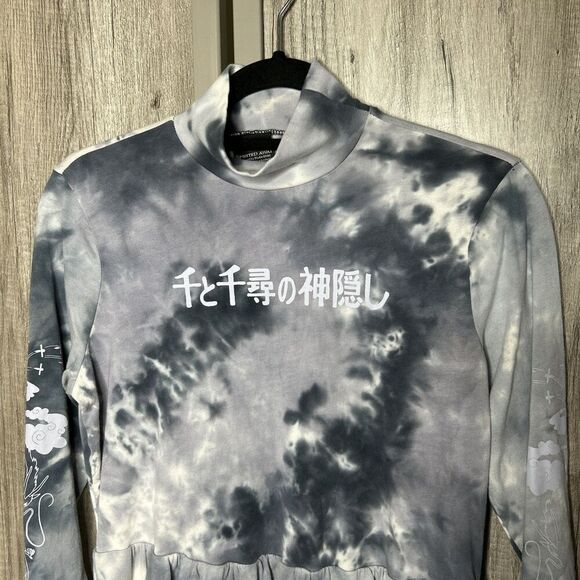 Spirited Away Mini Dress Tie Dye High Neck Gray Goth Cotton Long Sleeves Size M - Picture 2 of 7